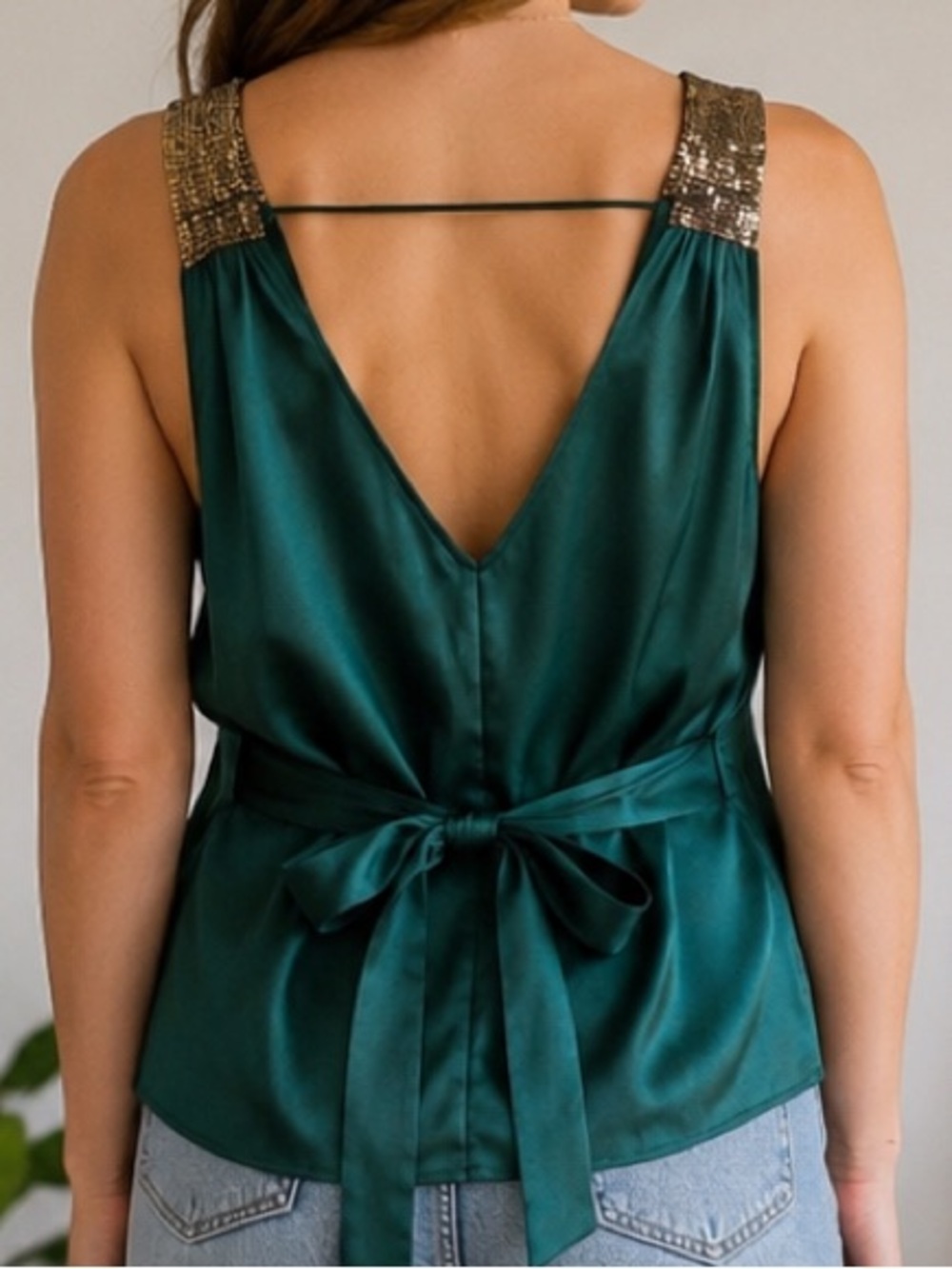MM Couture Super Y2K 2000s Emerald Green Rhinestone Strap Party Top Size Small